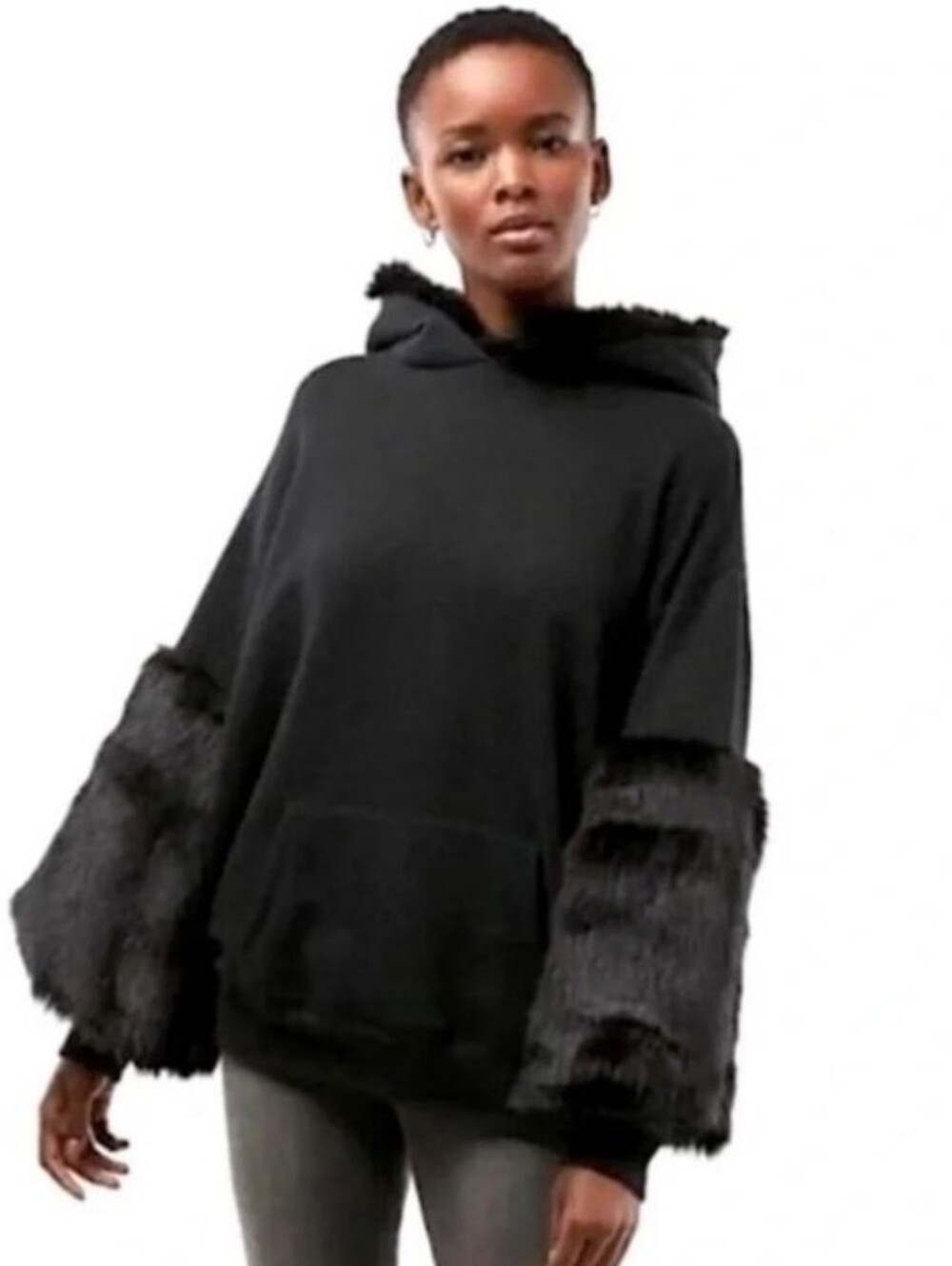 NWT Express Black Oversized Faux Fur Hoodie small size
